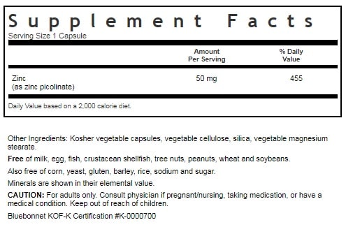 Bluebonnets Zinc Picolinate 50 mg Supplement Facts