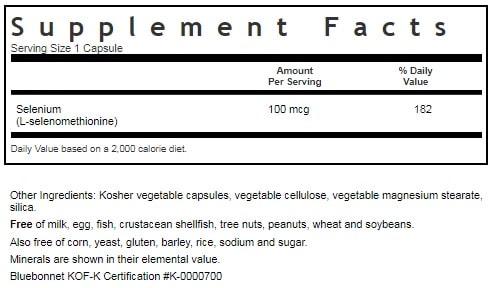 BLUEBONNET NUTRITION SELENIUM 100 MCG SUPPLEMENT FACTS