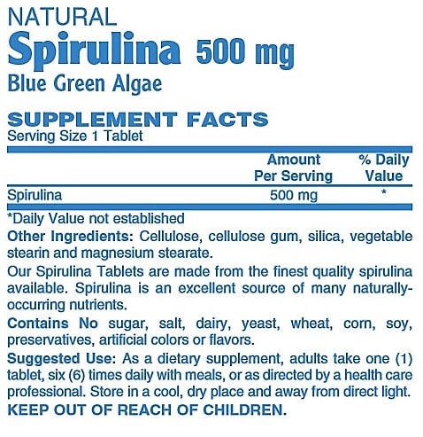 Betsy's Basics Spirulina Blue Green Algae Supplement Facts