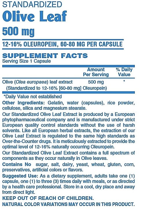Betsy's Basics Olive Leaf Supplement Facts