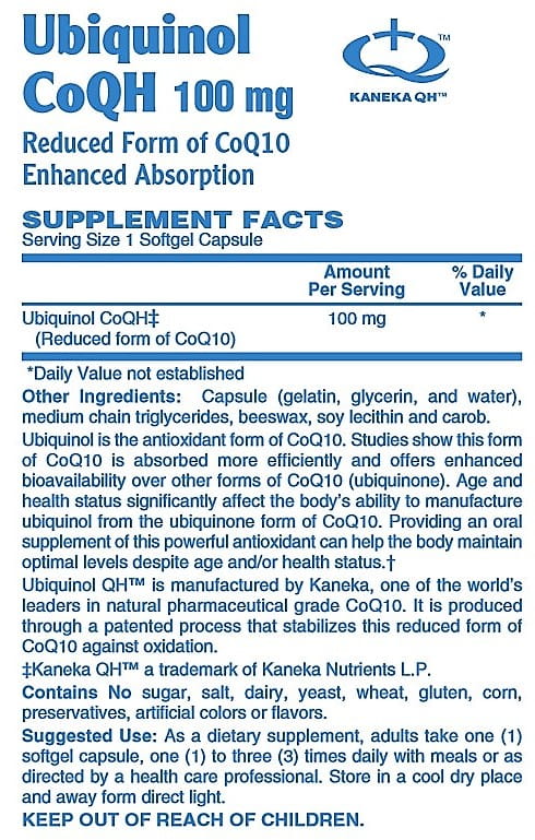 Betsy's Basics Ubiquinol CoQH 100 mg Supplement Facts