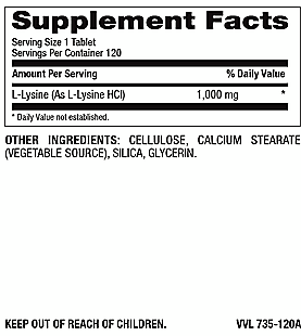 Betsy's Basics L-Lysine 1000 mg Supplement Facts